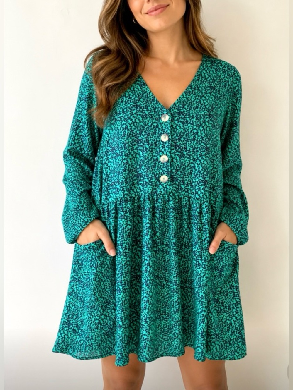 WOMANCE Green and Navy Oversized Floral V-Neck Long Sleeve Dress with Buttons